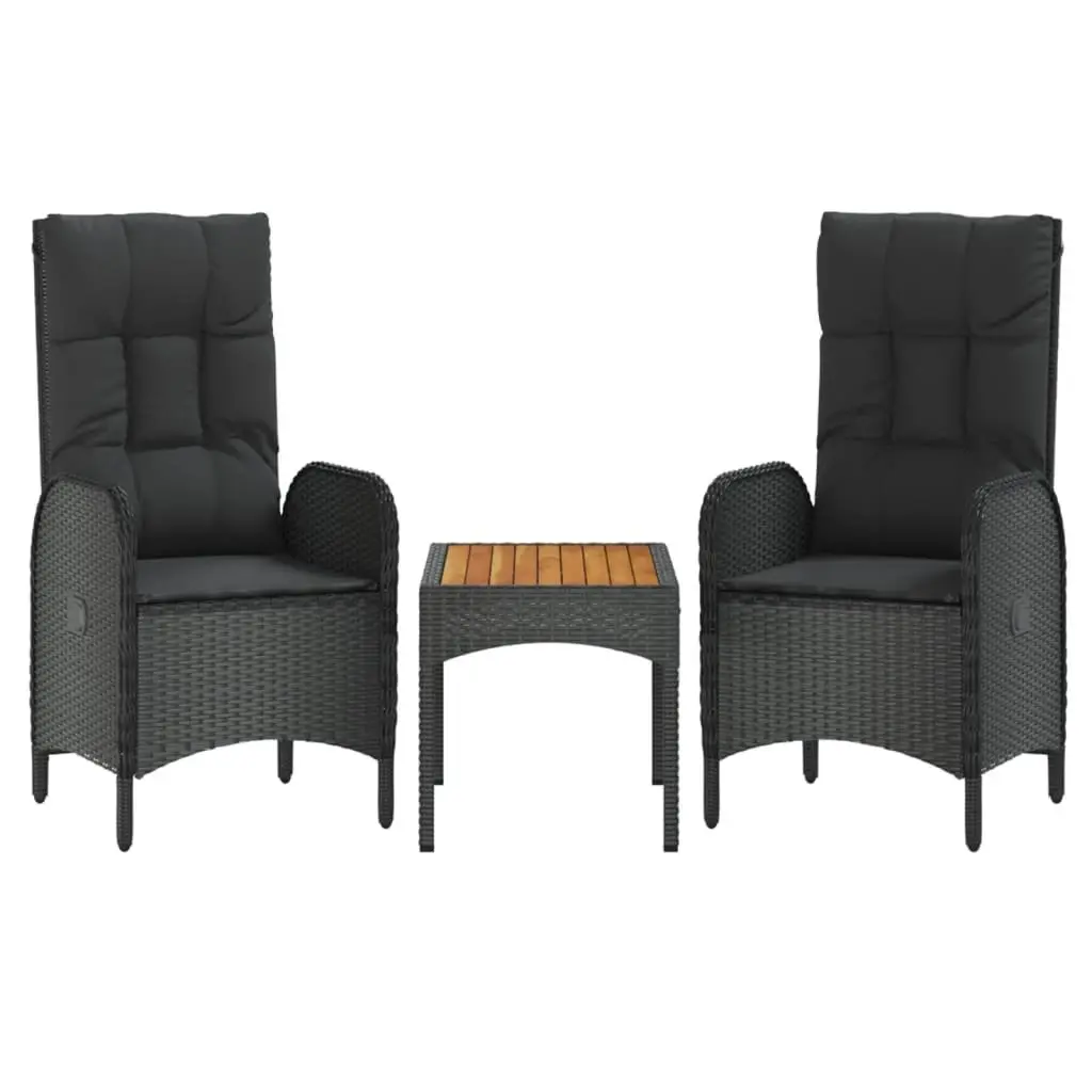 4 Piece Garden Dining Set Acacia Wood Table Black Weather-Resistant PE Rattan Frame Reclining Chairs
