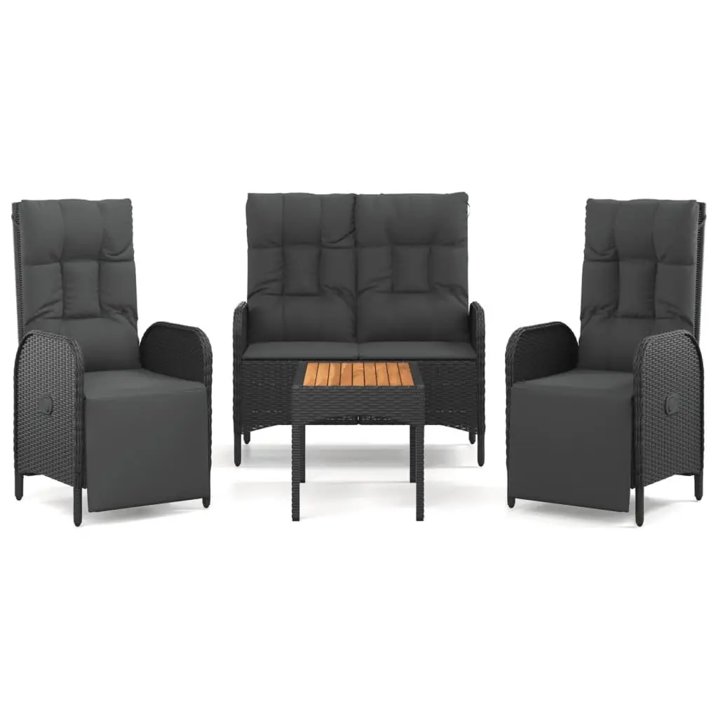 4 Piece Outdoor Garden Dining Set Poly Rattan Chairs Steel Frame Acacia Wood Table Black