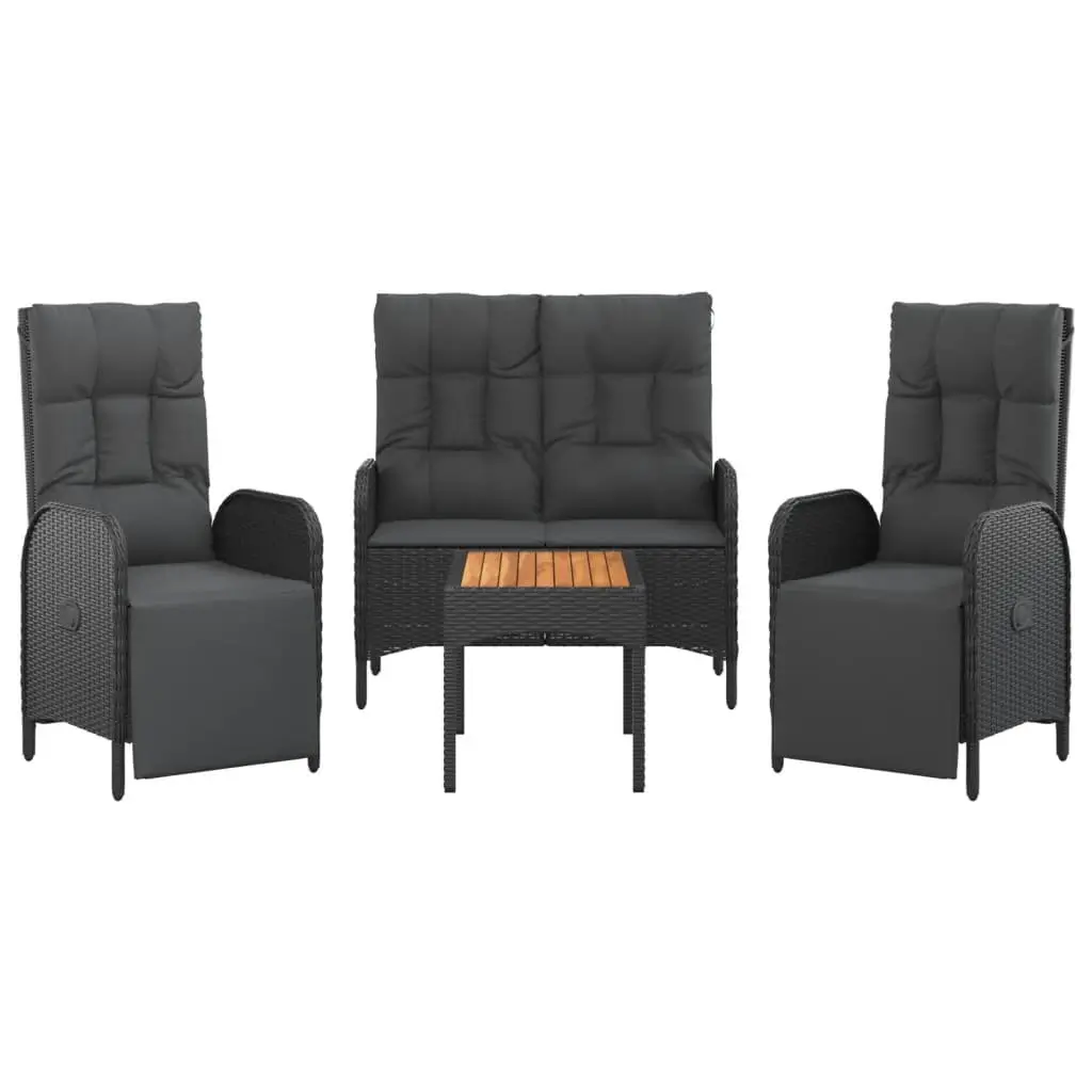 4 Piece Outdoor Garden Dining Set Poly Rattan Chairs Steel Frame Acacia Wood Table Black
