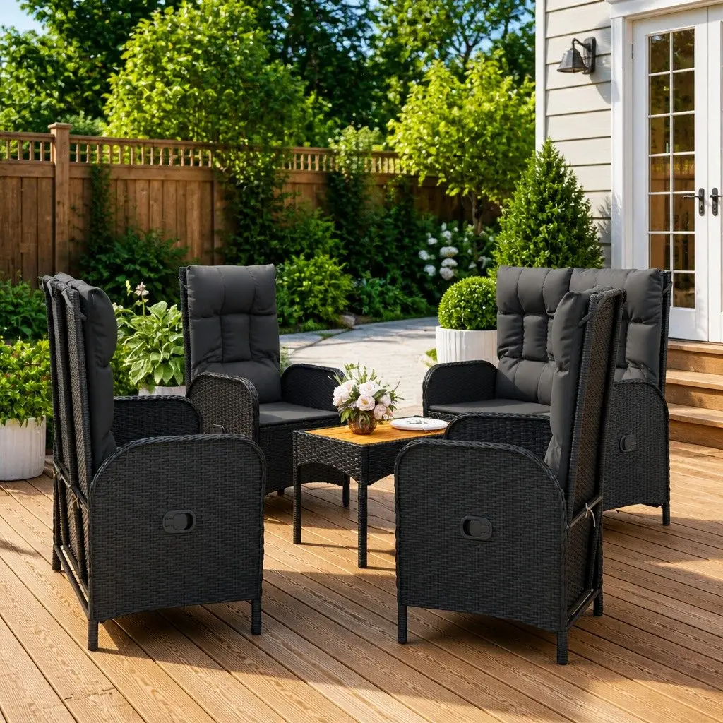 5 Piece Outdoor Dining Set PE Rattan Steel Acacia Wood Table Black