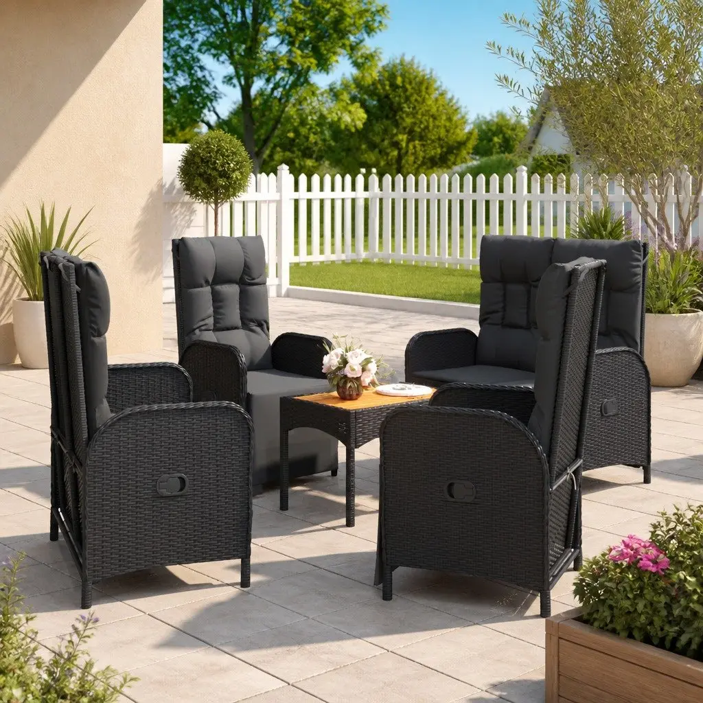 5 Piece Outdoor Garden Dining Set Black PE Rattan Steel Frame Acacia Wood Table