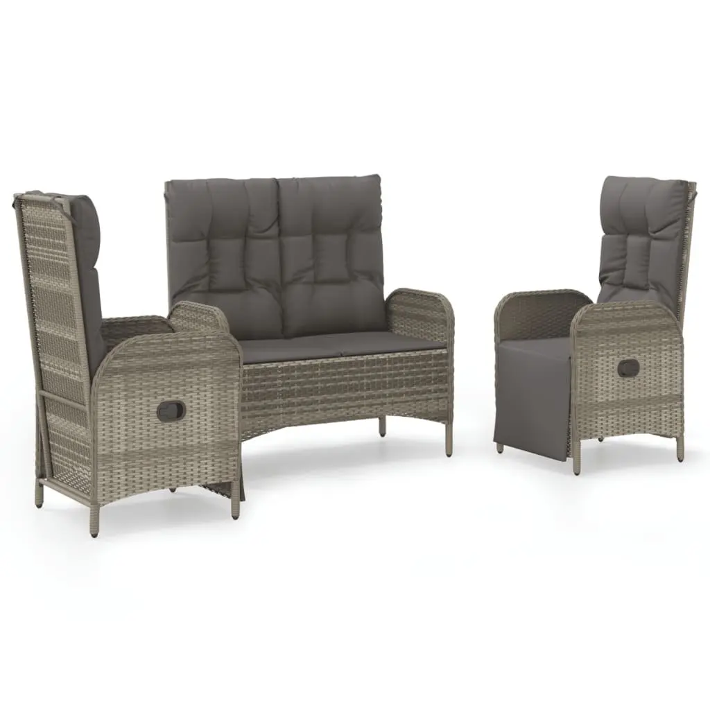 3 Piece Outdoor Dining Set Grey Poly Rattan Chairs Table Tempered Glass Top