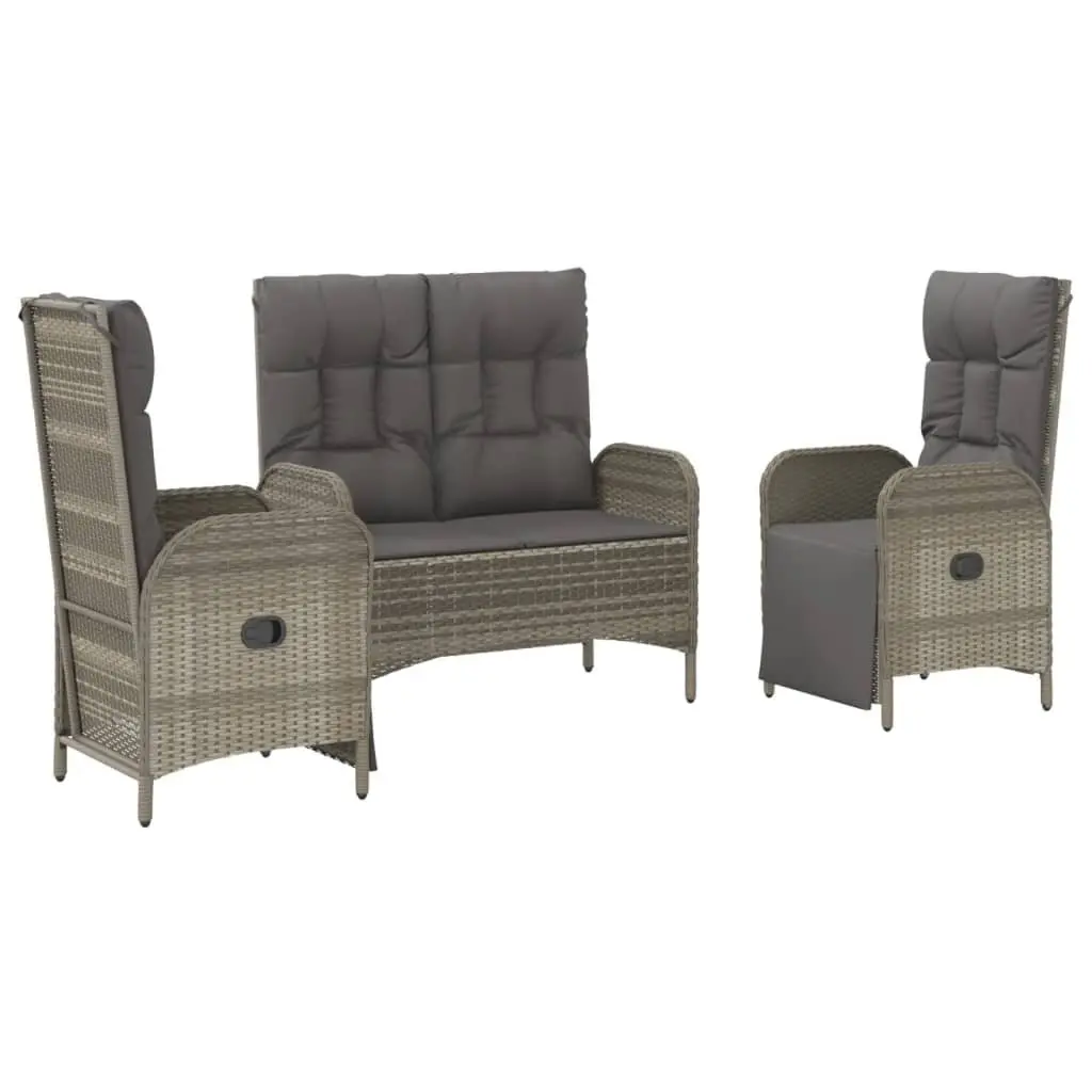 3 Piece Outdoor Dining Set Grey Poly Rattan Chairs Table Tempered Glass Top