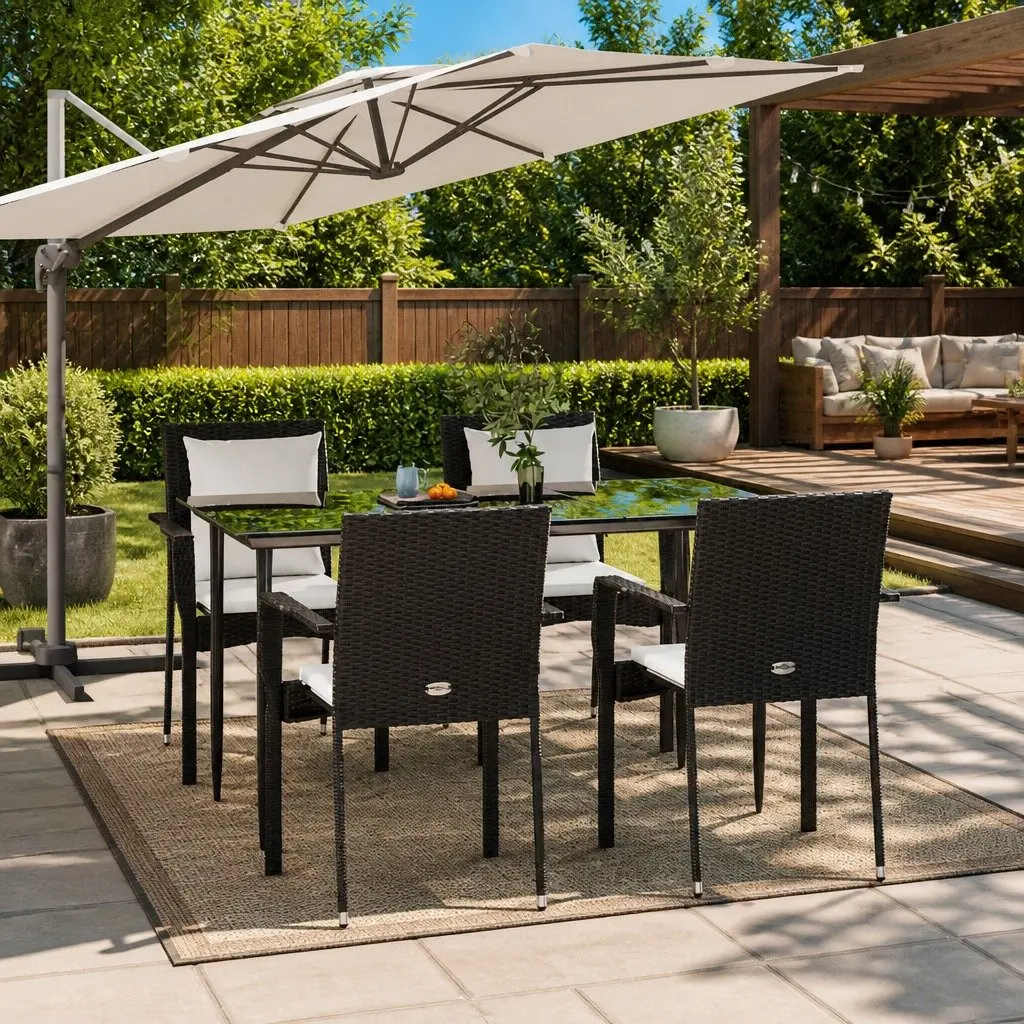 Garden Dining Set 5 Piece Outdoor Patio Furniture Black PE Rattan Steel Frame Tempered Glass Tabletop with Padded Cushions