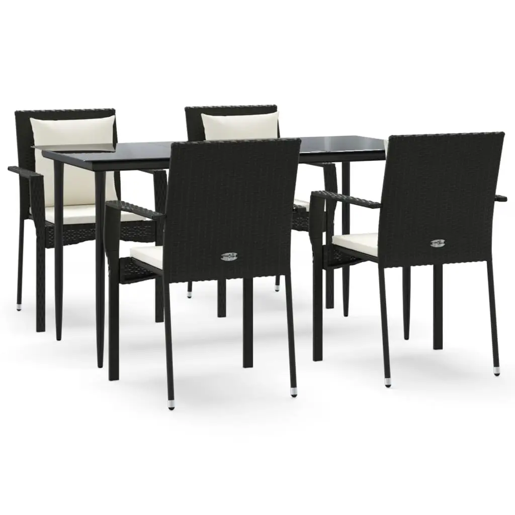 Garden Dining Set 5 Piece Outdoor Patio Furniture Black PE Rattan Steel Frame Tempered Glass Tabletop with Padded Cushions