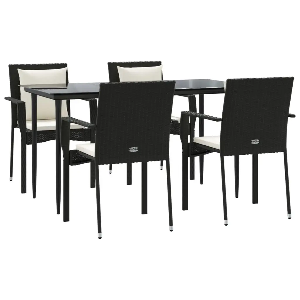 Garden Dining Set 5 Piece Outdoor Patio Furniture Black PE Rattan Steel Frame Tempered Glass Tabletop with Padded Cushions
