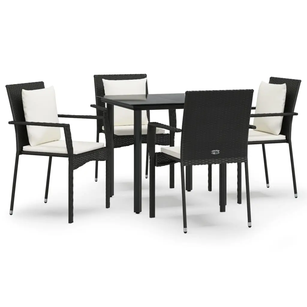 5 Piece Garden Dining Set PE Rattan Black Cushions Powder-Coated Steel Frame Tempered Glass Tabletop