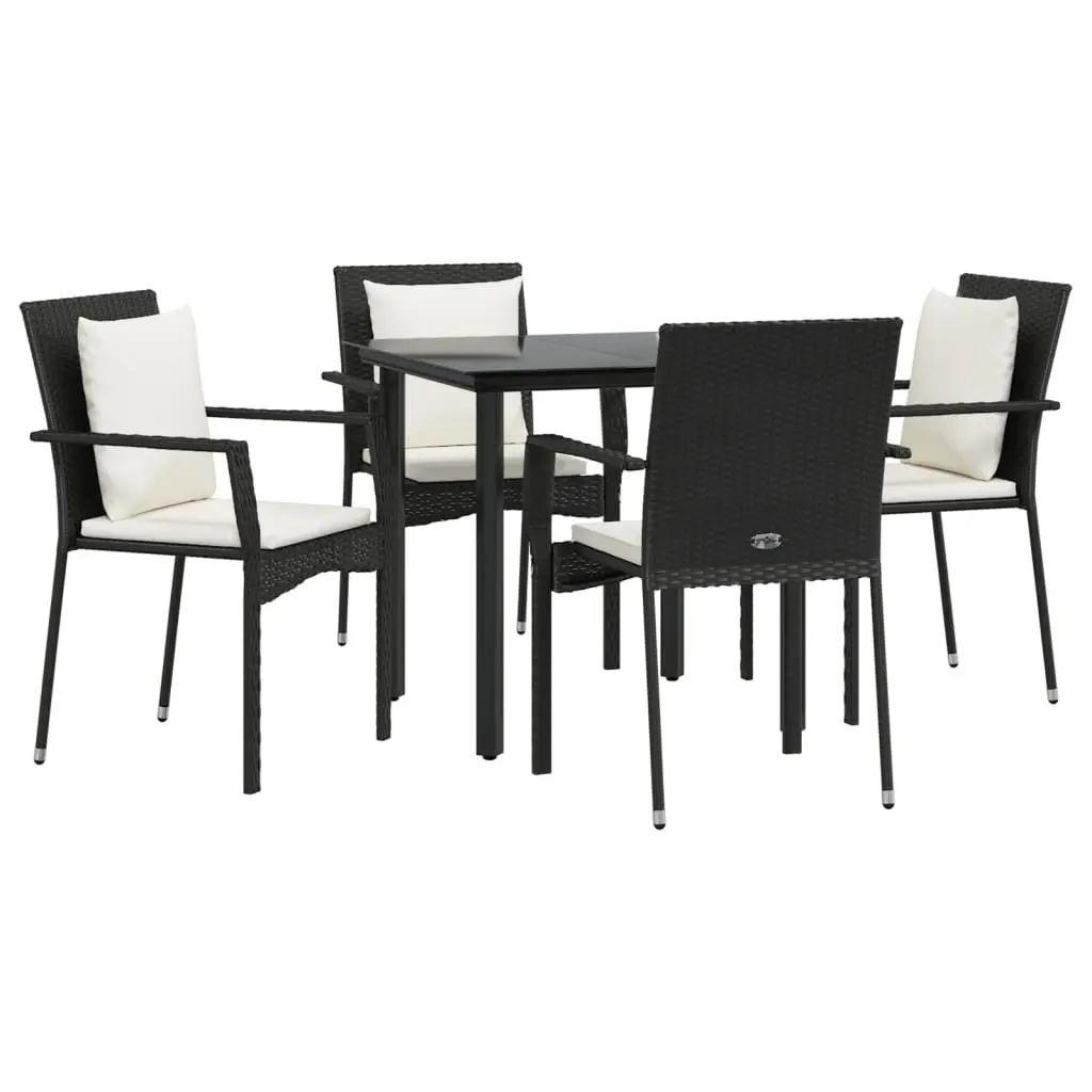 5 Piece Garden Dining Set PE Rattan Black Cushions Powder-Coated Steel Frame Tempered Glass Tabletop