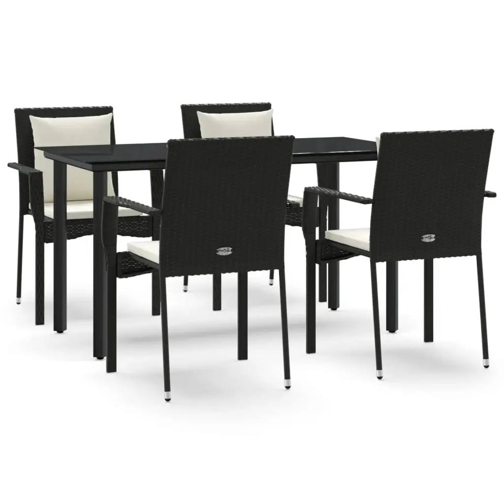5 Piece Garden Dining Set PE Rattan Steel Frame Tempered Glass Table Black