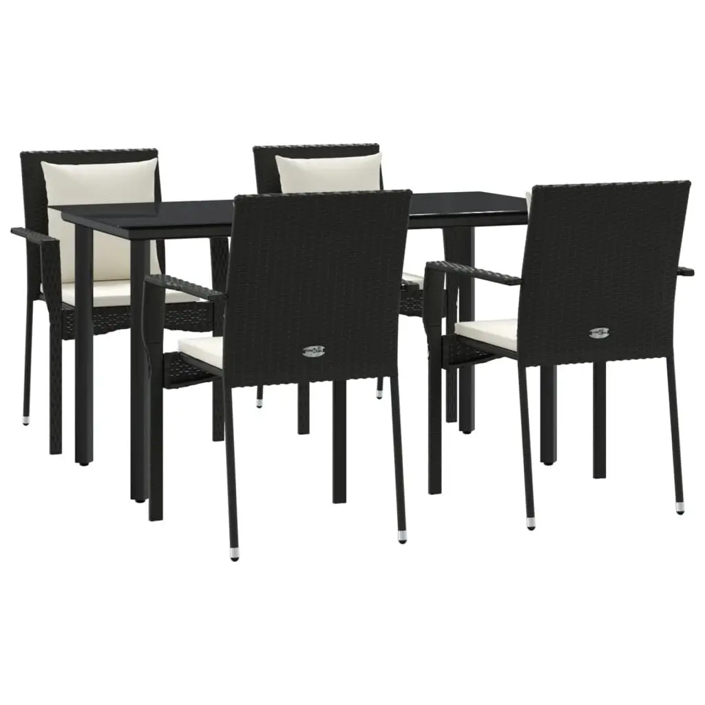 5 Piece Garden Dining Set PE Rattan Steel Frame Tempered Glass Table Black