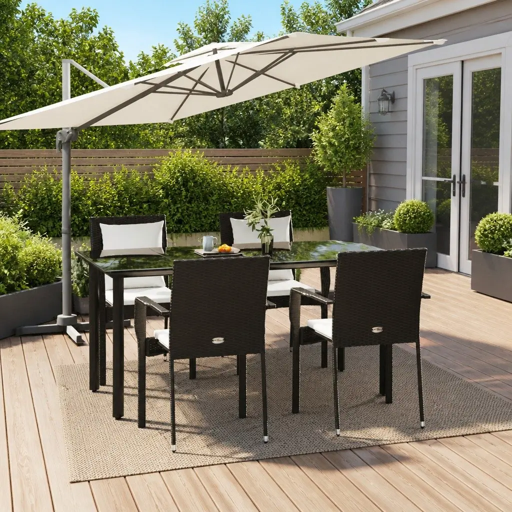 5 Piece Garden Dining Set Outdoor Patio Furniture PE Rattan Steel Frame Tempered Glass Black