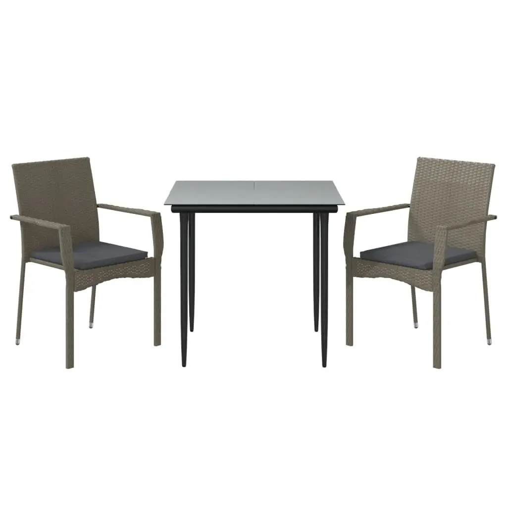 Garden Dining Set 3 Piece Grey PE Rattan Outdoor Patio Furniture with Steel Frame and Tempered Glass Tabletop