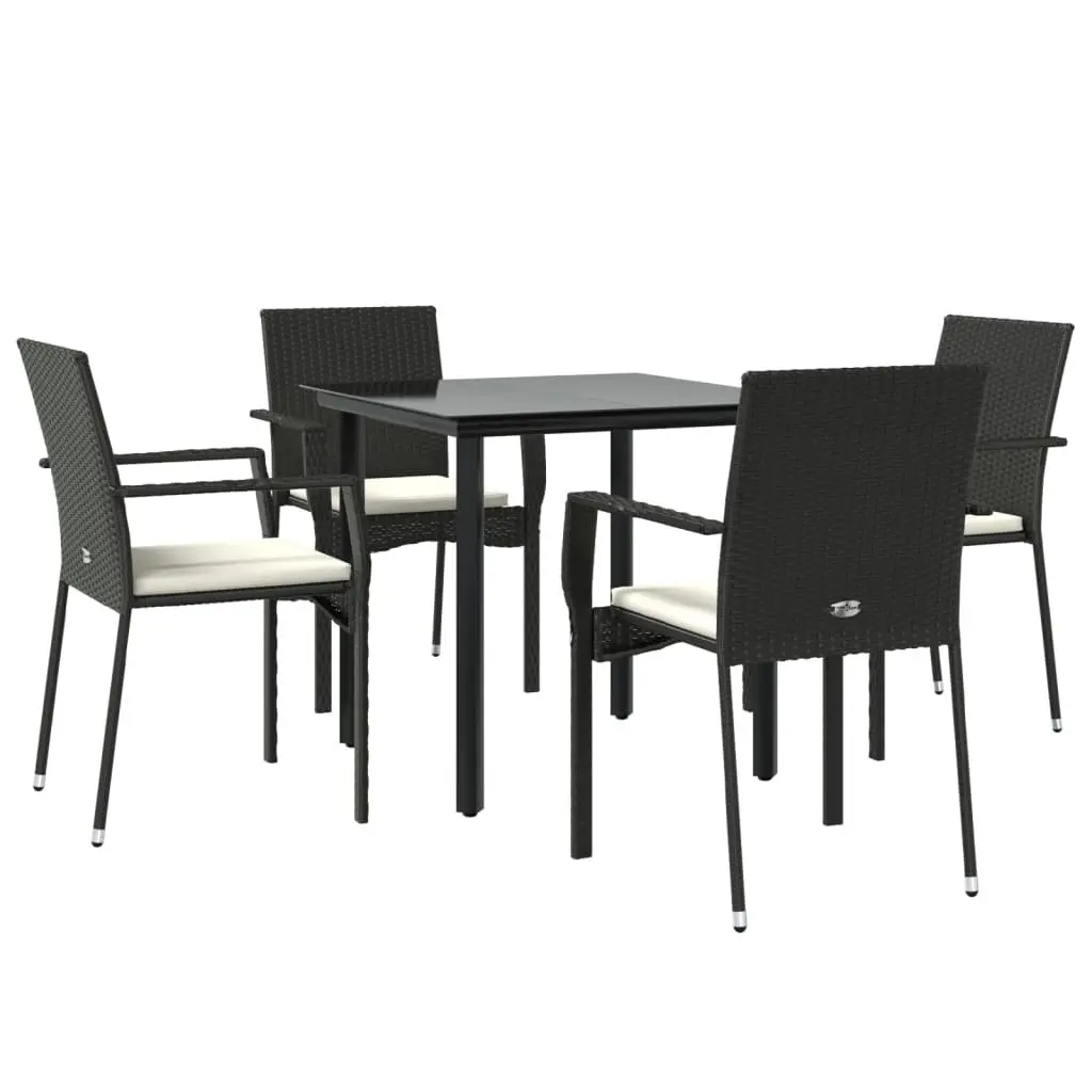 5 Piece Garden Dining Set Outdoor Patio Black Poly Rattan Chairs Table Cushions