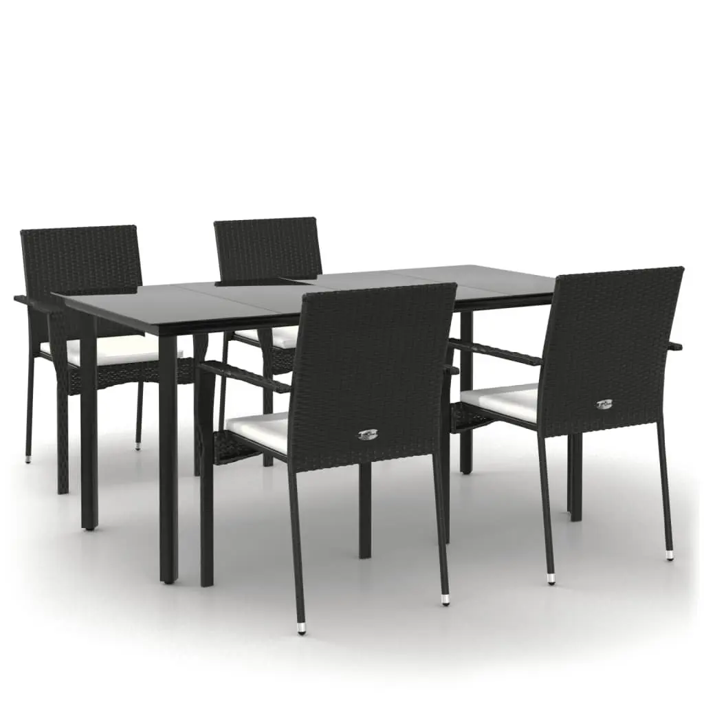 5 Piece Outdoor Garden Dining Set Black Poly Rattan Chair Table Cushions