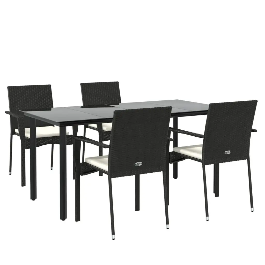 5 Piece Outdoor Garden Dining Set Black Poly Rattan Chair Table Cushions