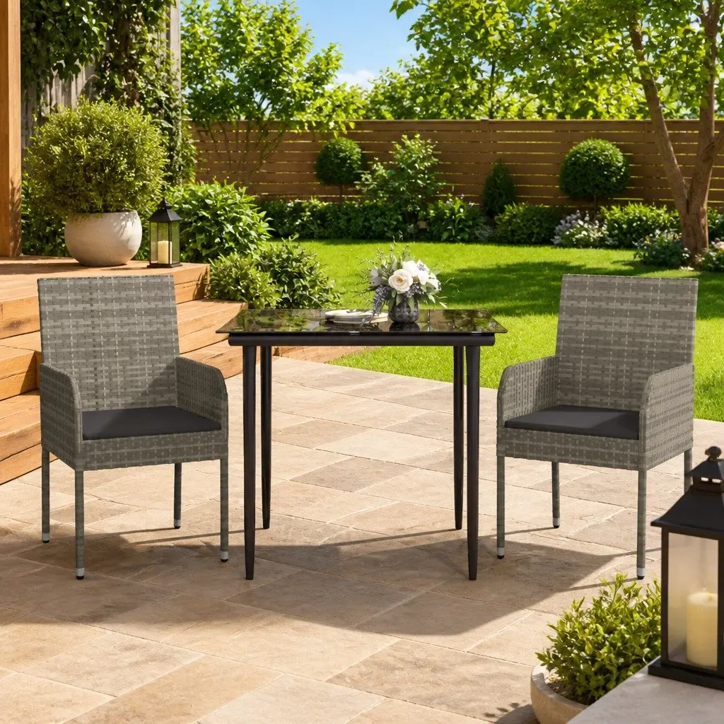 Garden Dining Set PE Rattan Steel Frame 3 Piece Grey Outdoor Furniture with Cushions