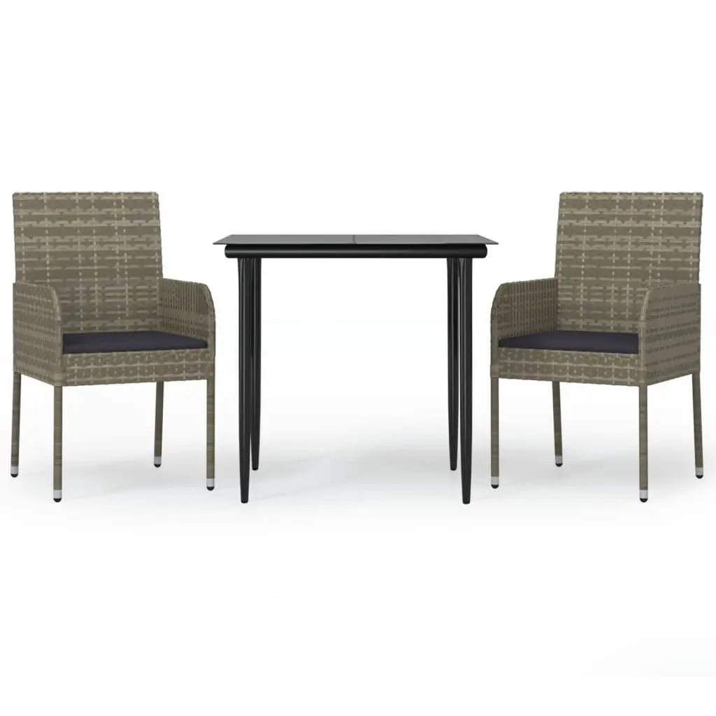 Garden Dining Set PE Rattan Steel Frame 3 Piece Grey Outdoor Furniture with Cushions
