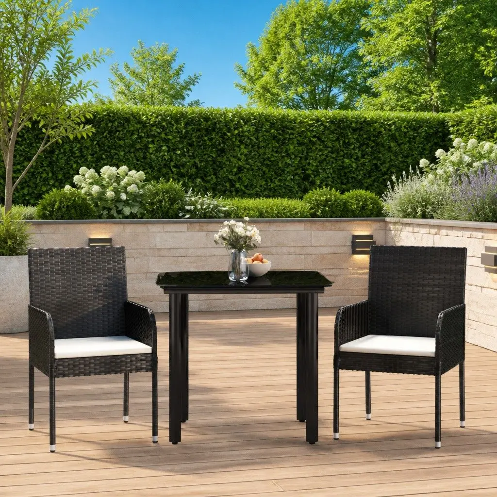 3 Piece Garden Dining Set Outdoor Patio Furniture Black PE Rattan Steel Frame Tempered Glass Tabletop