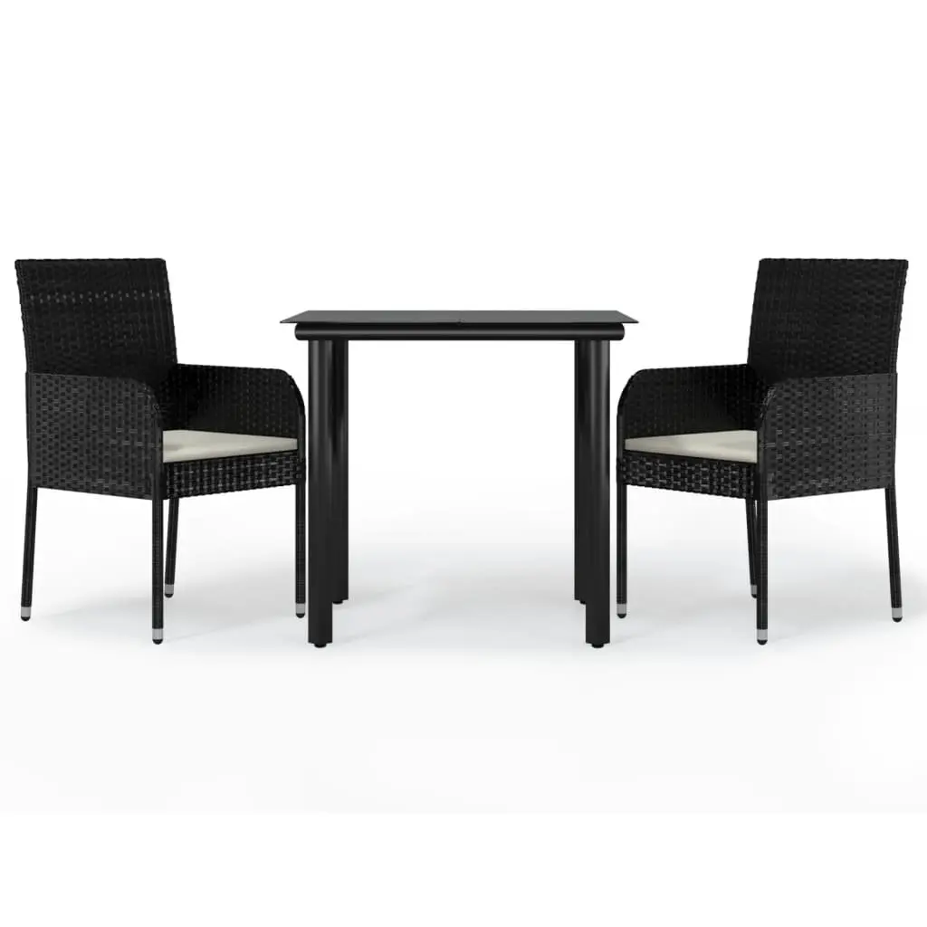 3 Piece Garden Dining Set Outdoor Patio Furniture Black PE Rattan Steel Frame Tempered Glass Tabletop