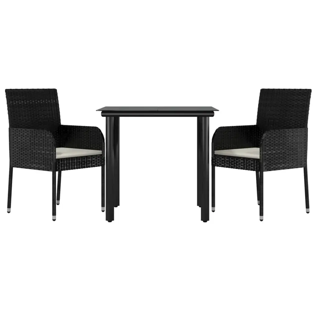 3 Piece Garden Dining Set Outdoor Patio Furniture Black PE Rattan Steel Frame Tempered Glass Tabletop