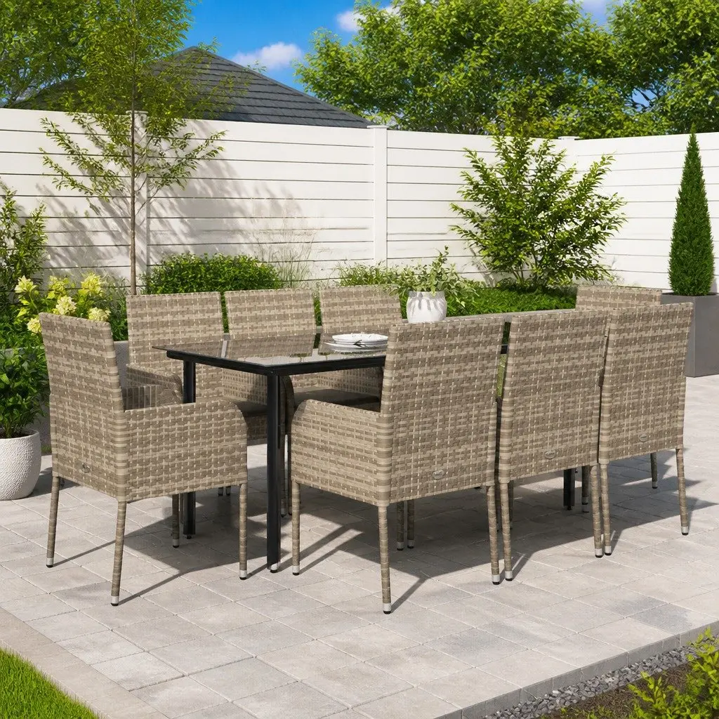 9 Piece Garden Dining Set Outdoor Patio Furniture Grey Poly Rattan with Cushions