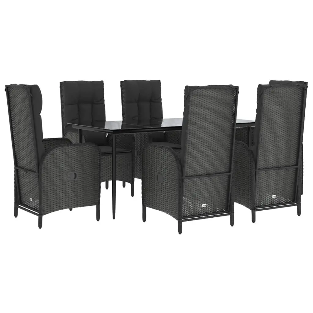 7 Piece Garden Dining Set PE Rattan Chairs Powder Coated Steel Frame Glass Table Black