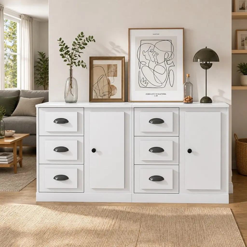 Storage Cabinet Sideboards Engineered Wood White High Gloss 2 Pieces Buffet