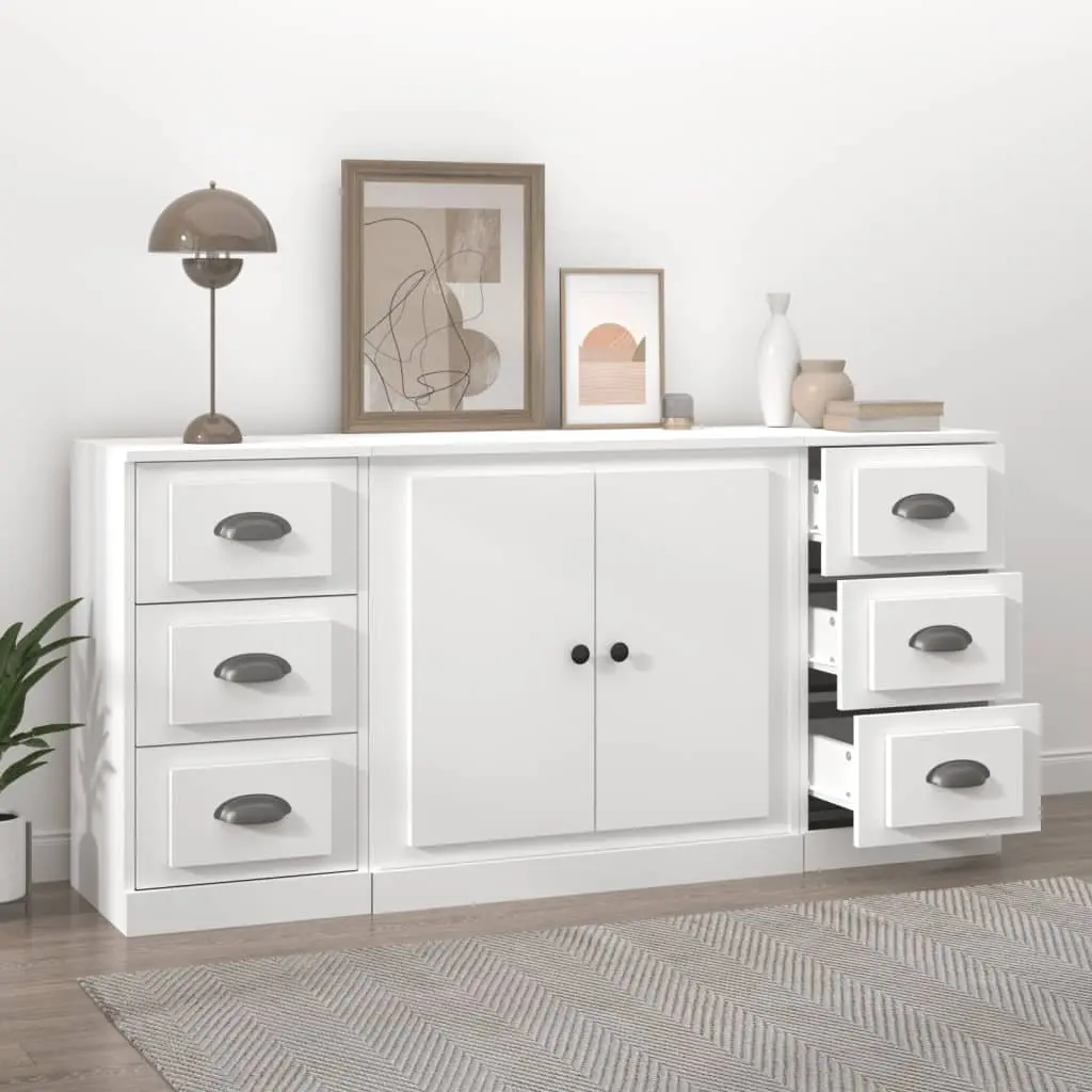 White Engineered Wood Sideboards Set of 3 Storage Cabinet Buffet Display