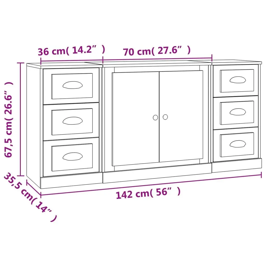 White Engineered Wood Sideboards Set of 3 Storage Cabinet Buffet Display