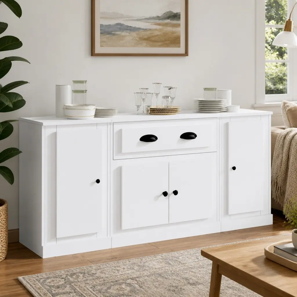 White Engineered Wood Sideboards Set of 3 Storage Cabinet Buffet Furniture