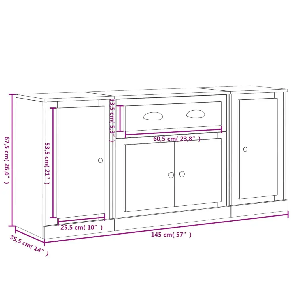 White Engineered Wood Sideboards Set of 3 Storage Cabinet Buffet Furniture