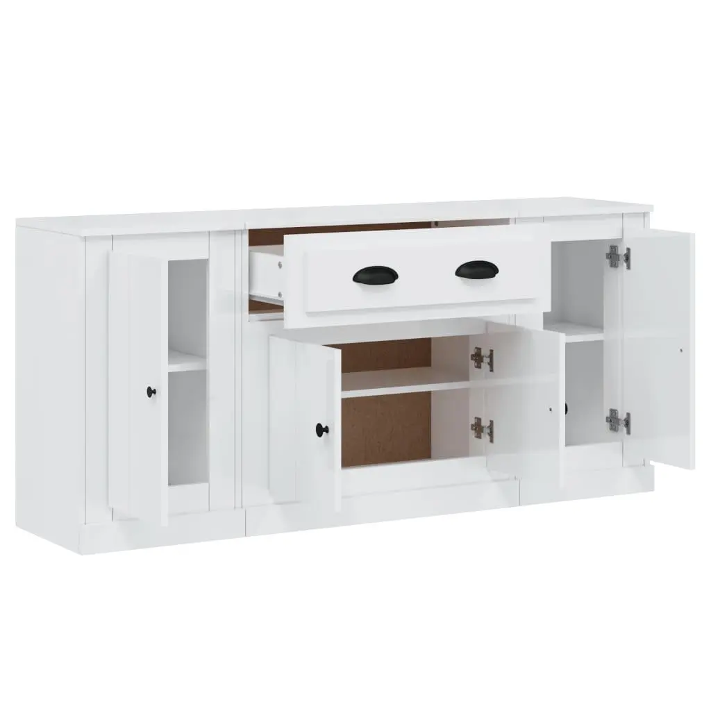 Sideboards Set of 3 Engineered Wood White High Gloss Storage Cabinet Buffet Display Furniture