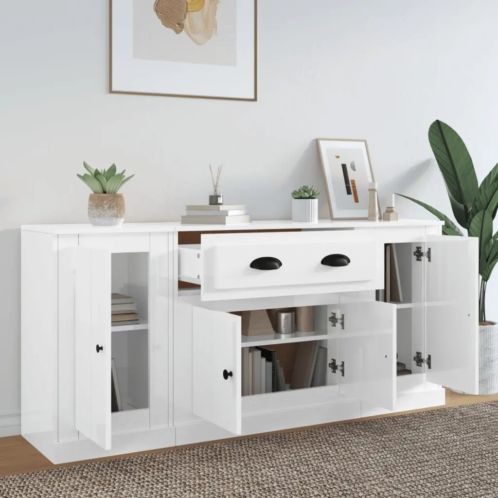 Sideboards Set of 3 Engineered Wood White High Gloss Storage Cabinet Buffet Display Furniture