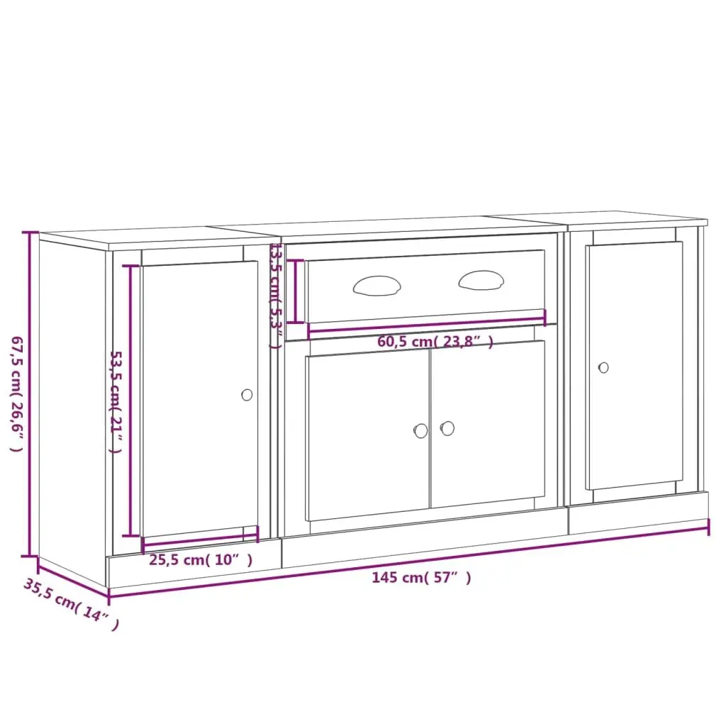 Sideboards Set of 3 Engineered Wood White High Gloss Storage Cabinet Buffet Display Furniture