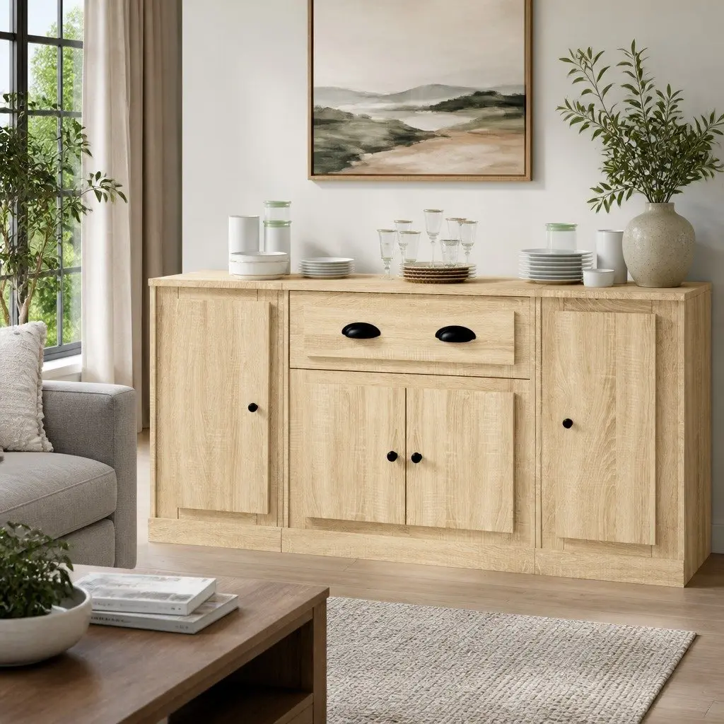 3 Piece Sideboard Set Engineered Wood Brown Storage Unit Buffet Display Cabinet