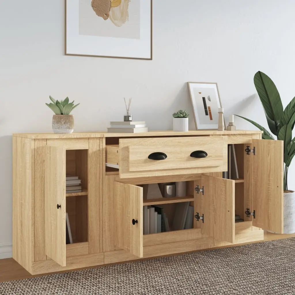 3 Piece Sideboard Set Engineered Wood Brown Storage Unit Buffet Display Cabinet