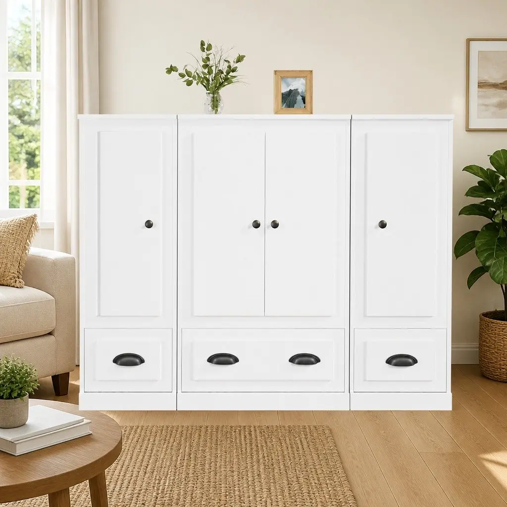 Highboards 3 pcs White Storage Cabinet Sideboard Furniture Set Engineered Wood