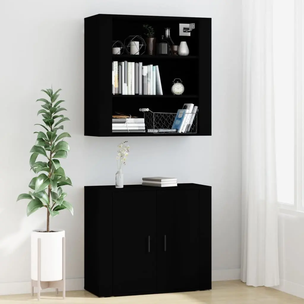 Highboard Black Engineered Wood Wall-Mounted Storage Cabinet Sideboard Furniture