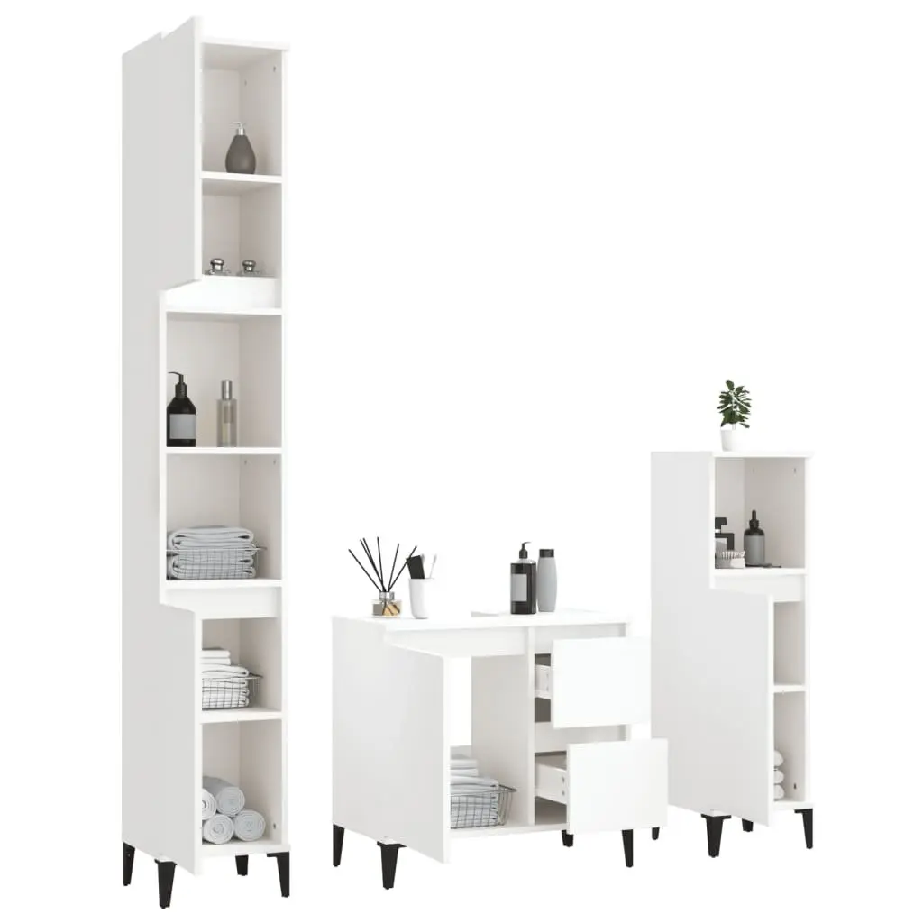3 Piece Engineered Wood Bathroom Storage Cabinet Set White