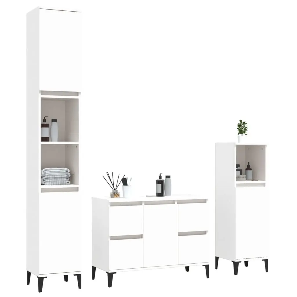 3 Piece Bathroom Furniture Set Engineered Wood White Storage Cabinet Vanity Unit