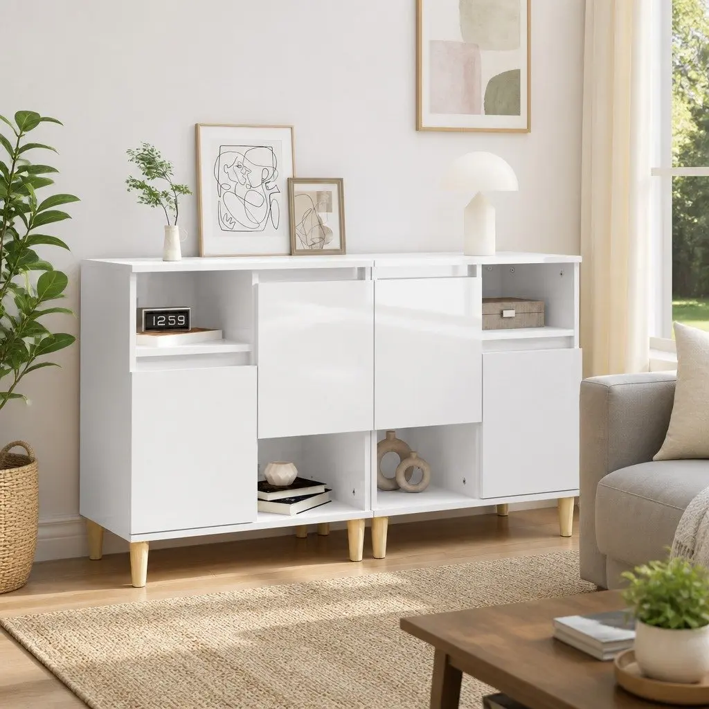 Sideboard Cabinet Engineered Wood High Gloss White 2 Piece 4 Compartments 2 Doors