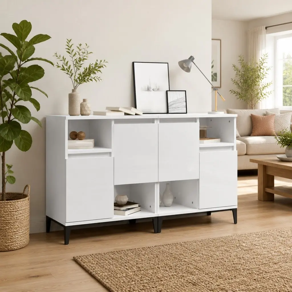 White High Gloss Sideboard Storage Cabinets Set of 2 Engineered Wood 60cm x 35cm x 70cm