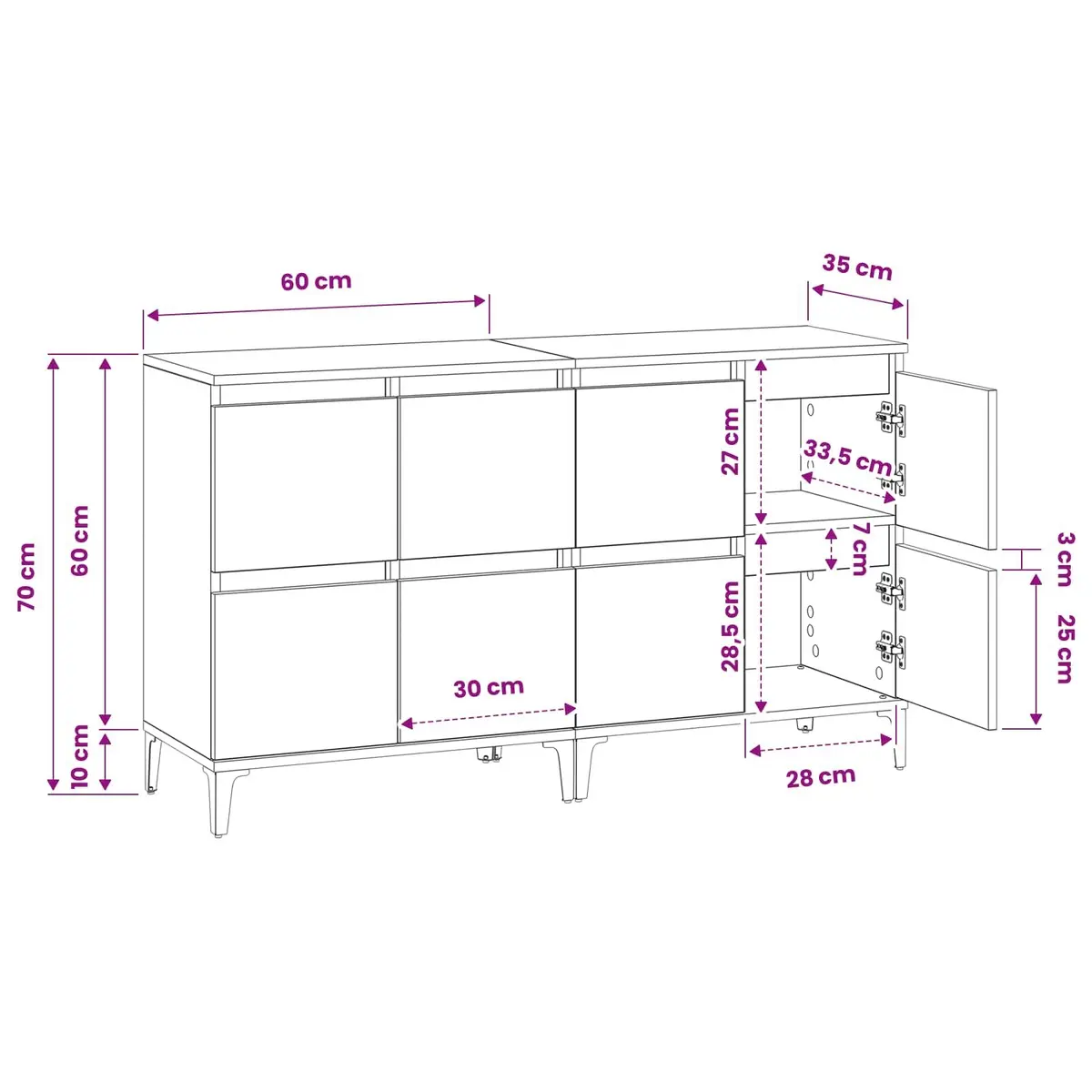 Sideboards Engineered Wood 60x35x70 cm White 2 pcs Storage Cabinet Compartments