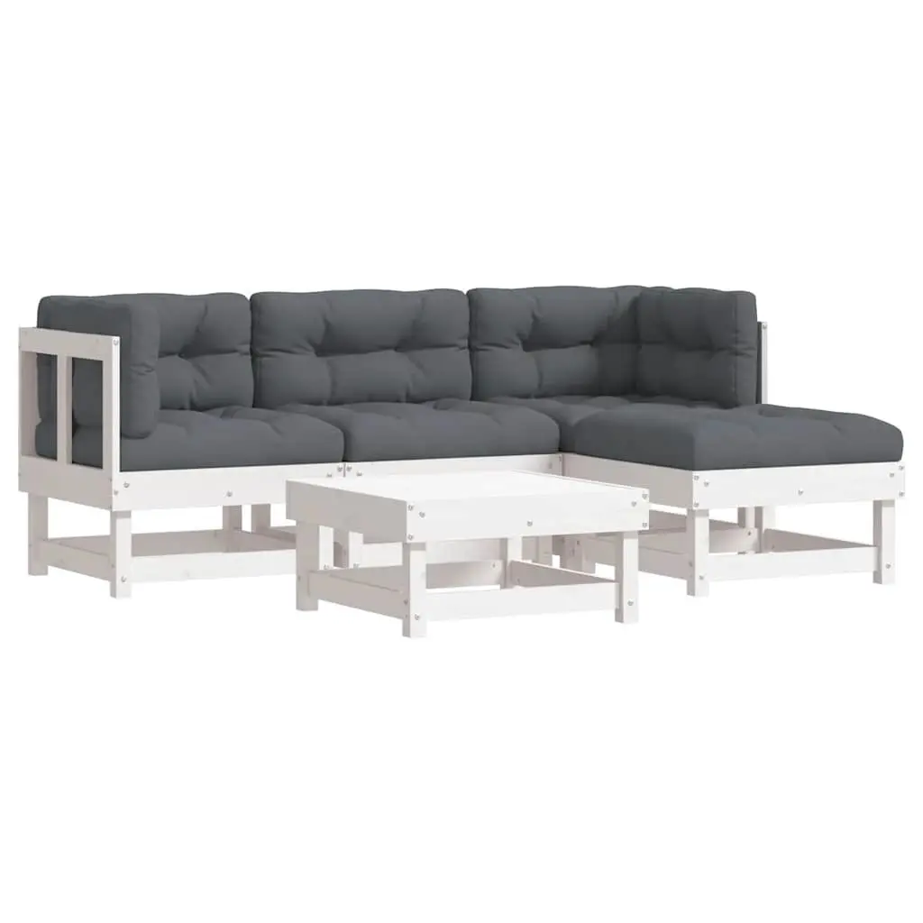 5 Piece Garden Lounge Set Modular White Wood Outdoor Furniture with Cushions