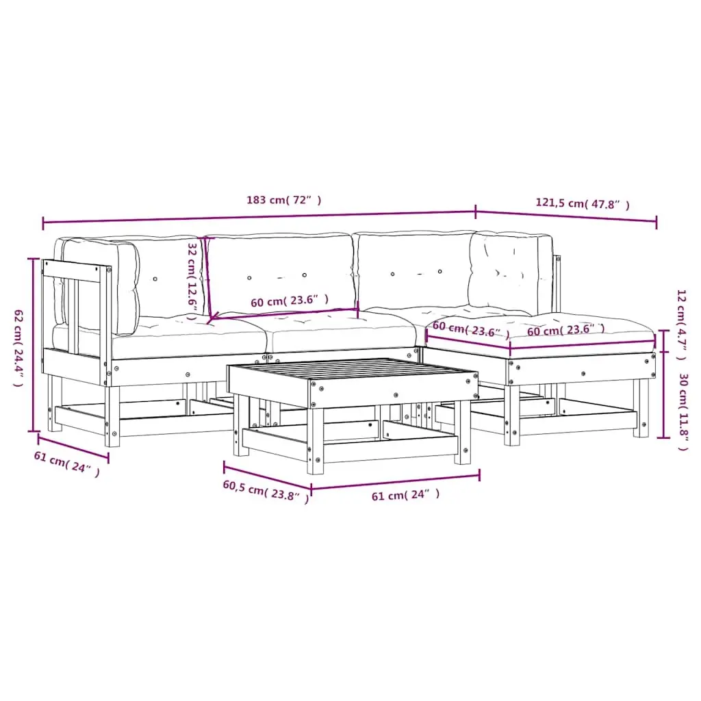 5 Piece Garden Lounge Set Modular White Wood Outdoor Furniture with Cushions