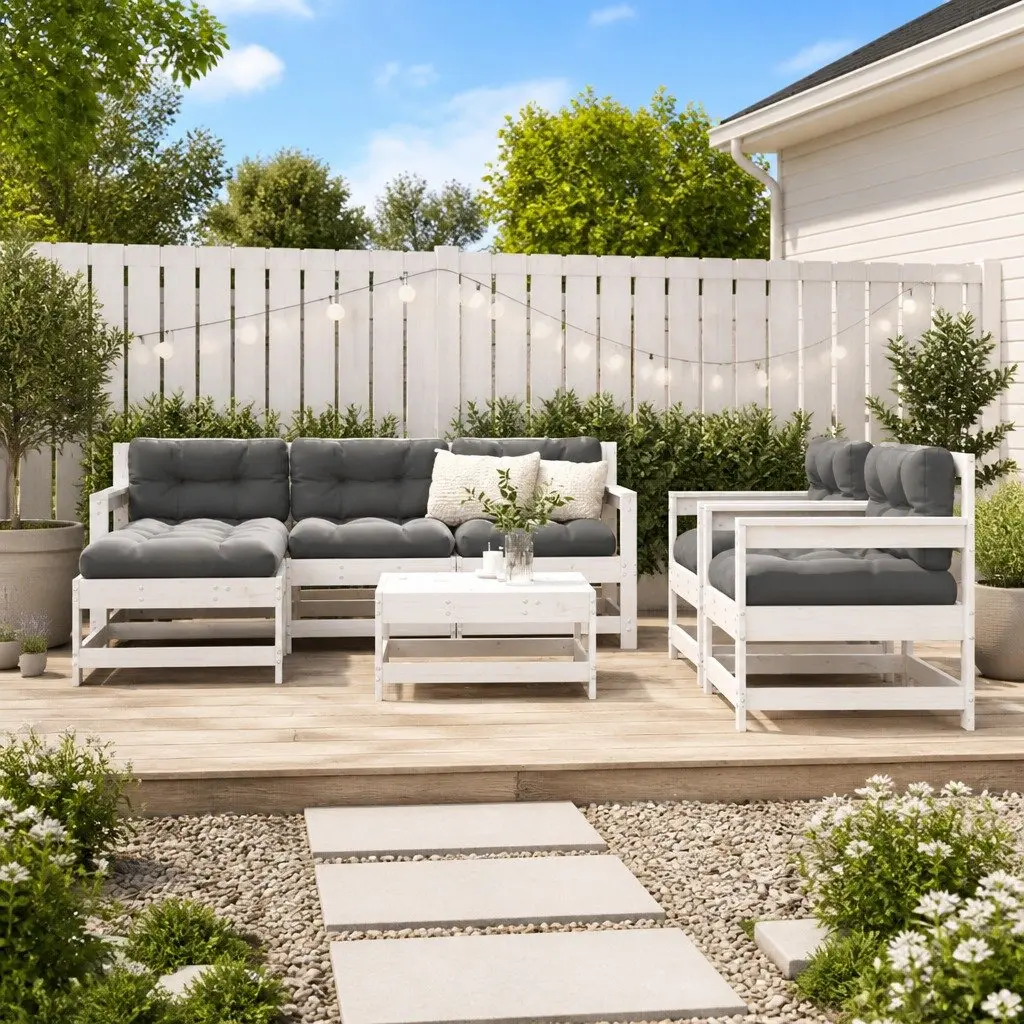 Garden Lounge Set Modular Solid Pine Wood 7 Piece White Outdoor Furniture with Cushions