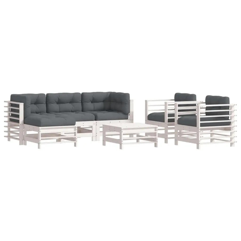 7 Piece Garden Lounge Set Solid Pine Wood White Cushions