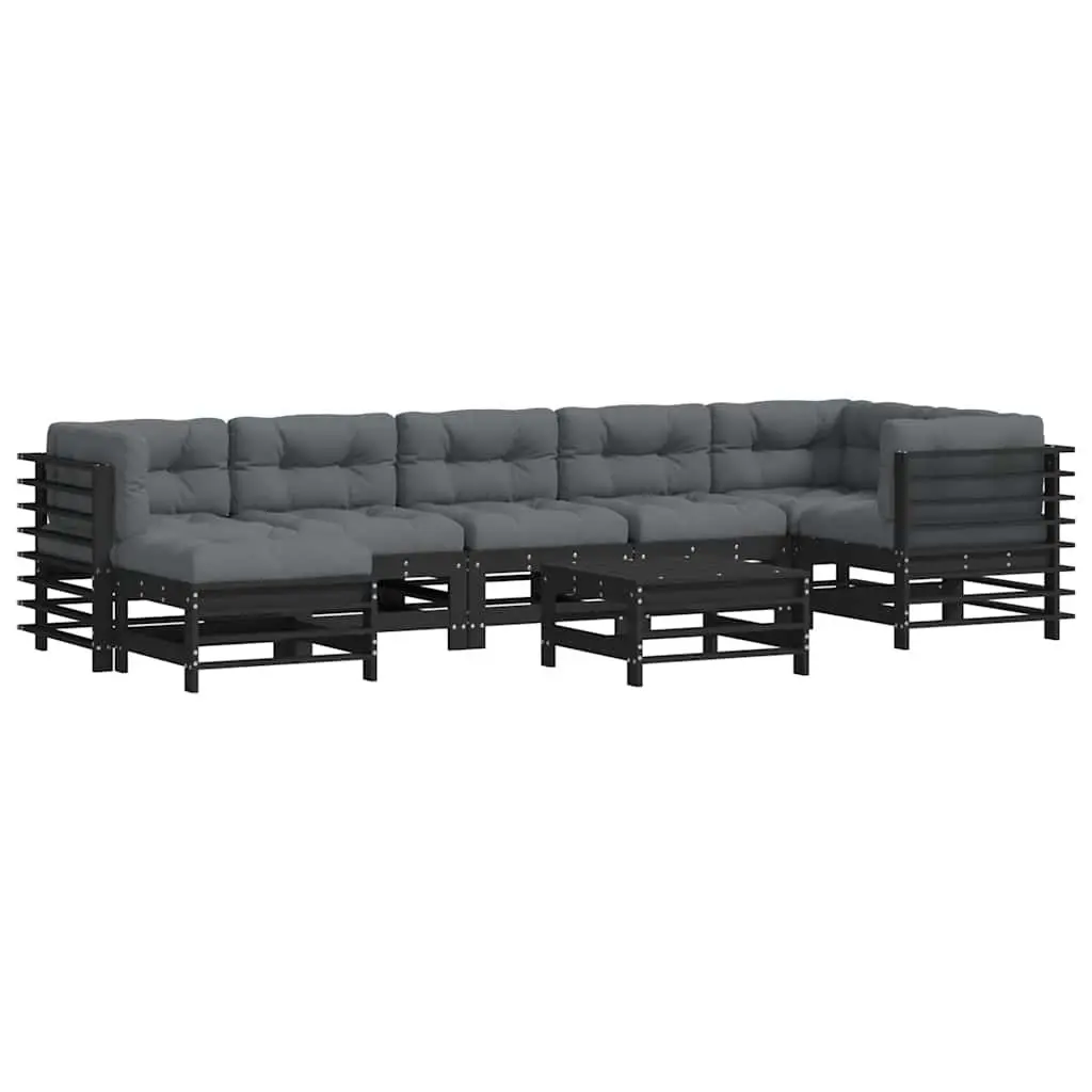 Garden Lounge Set 8 Piece Black Solid Wood Outdoor Furniture with Cushions