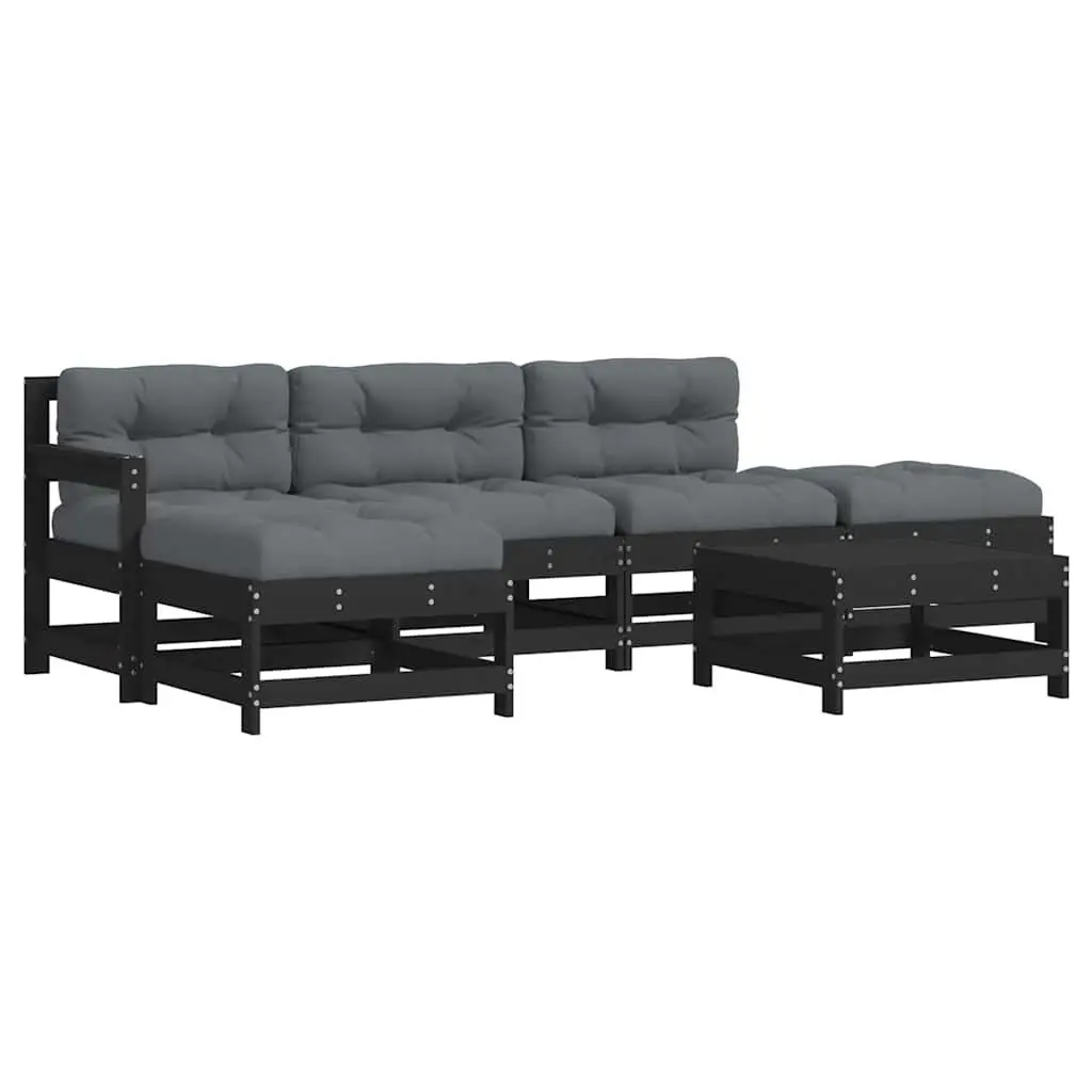 Outdoor Lounge Set Solid Pine Wood 6 Piece Black Patio Sofa with Cushions