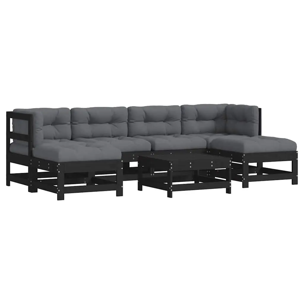 7 Piece Modular Garden Lounge Set Solid Pine Wood Cushions Black